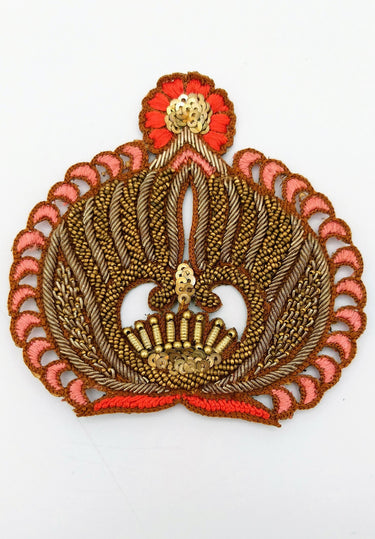 Embroidered Applique With Gold Zardozi Embroidery, Beads and Sequins, Blush Pink And Orange Appliqué Patch